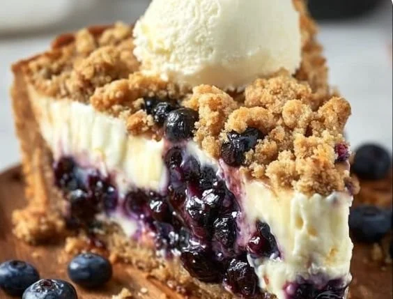 Delicious blueberry crumble cheesecake pie on a plate with fresh blueberries