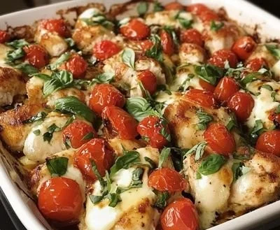 Bruschetta Chicken Bake topped with fresh tomatoes and basil on a white plate.
