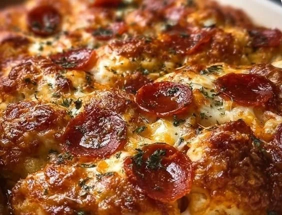 Delicious Bubble Up Biscuit Pizza Casserole with cheese and toppings