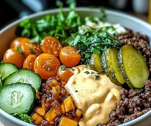 A vibrant burger bowl topped with fresh ingredients and a savory burger patty.