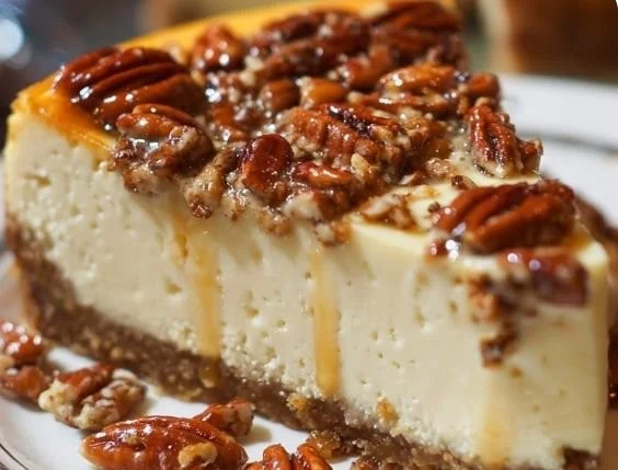 Delicious Butter Pecan Cheesecake with caramel drizzle and whole pecans