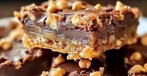 Delicious cake mix toffee bars topped with chocolate and nuts.