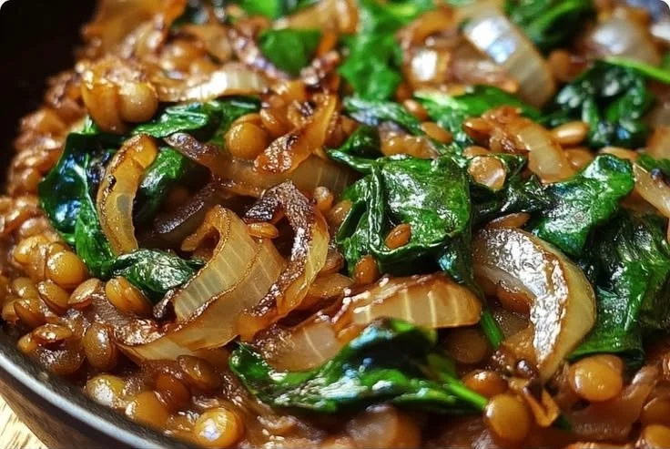 Caramelized onion and spinach lentil skillet topped with fresh herbs