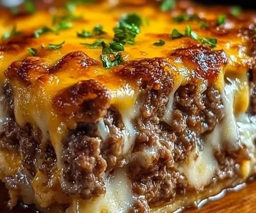 Cheesy meatloaf casserole served in a dish, topped with melted cheese and herbs