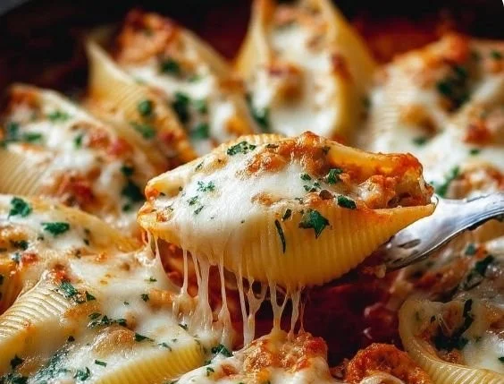 Cheesy stuffed shells filled with ricotta and topped with marinara sauce