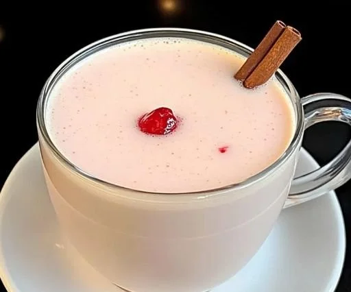 A cup of Cherry Earl Grey Milk Tea topped with cherries and tea leaves.