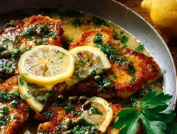 Plate of Chicken Piccata with lemon sauce and capers, garnished with parsley.