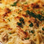 Creamy Chicken Tetrazzini with pasta and chicken baked to perfection