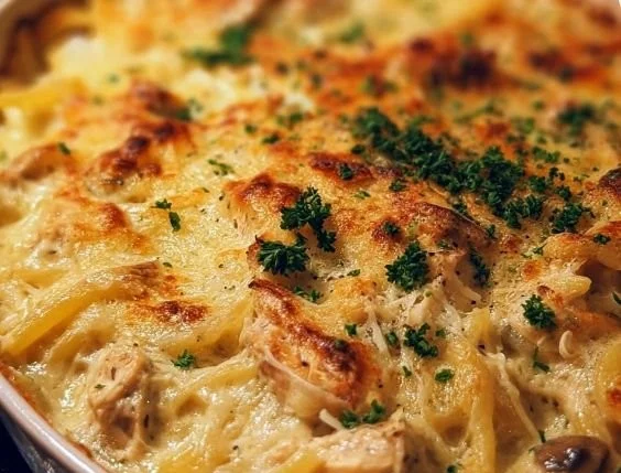 Creamy Chicken Tetrazzini with pasta and chicken baked to perfection