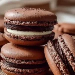 Plate of homemade chocolate macarons with rich chocolate filling.