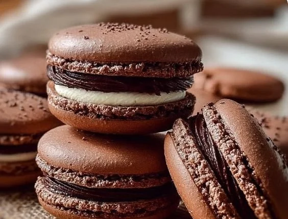 Plate of homemade chocolate macarons with rich chocolate filling.
