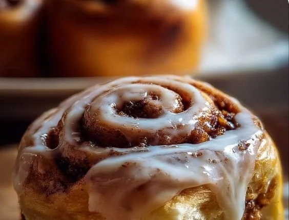 Delicious homemade cinnamon rolls topped with creamy icing on a white plate
