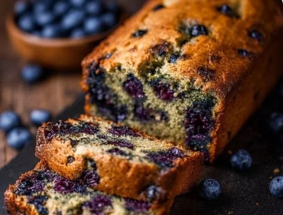 Loaf of classic blueberry zucchini bread sliced on a wooden board.