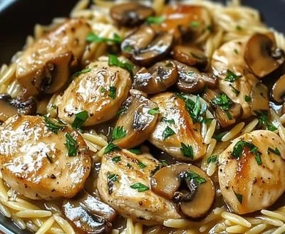Creamy chicken marsala orzo served in a dish with herbs and spices