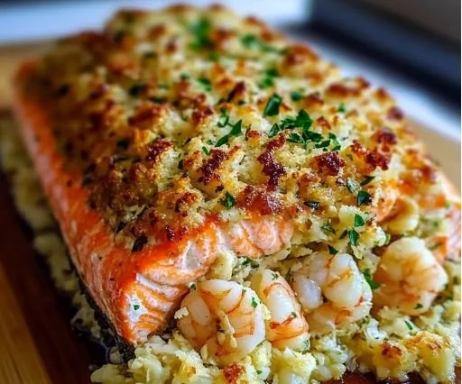Delicious crab and shrimp stuffed salmon plated beautifully for a seafood meal.