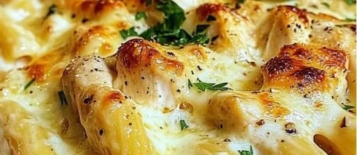 Creamy chicken mozzarella pasta served in a bowl with fresh herbs on top