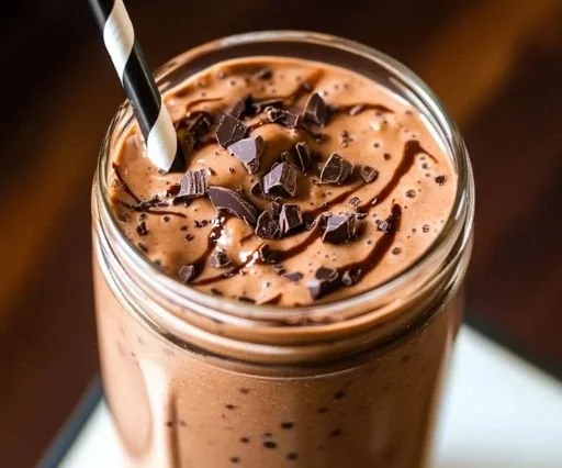 Creamy chocolate protein shake in a glass, garnished with cocoa and banana slices.