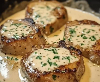 Creamy garlic boneless pork chops served on a plate