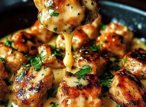 Creamy garlic sauce served with grilled chicken bites