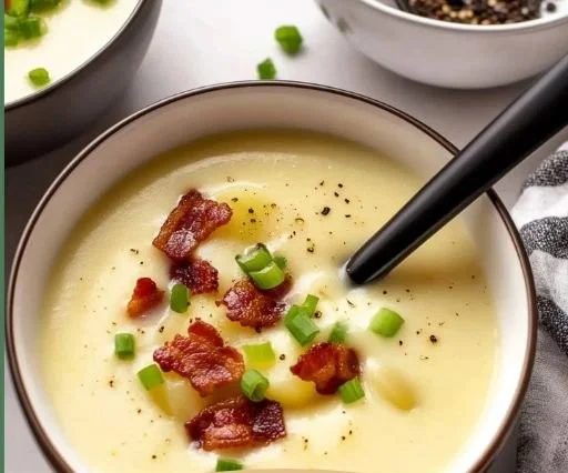 Bowl of creamy gluten-free dairy-free potato soup topped with herbs