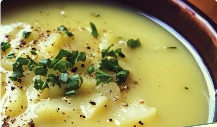 Bowl of creamy leek and potato soup garnished with fresh herbs