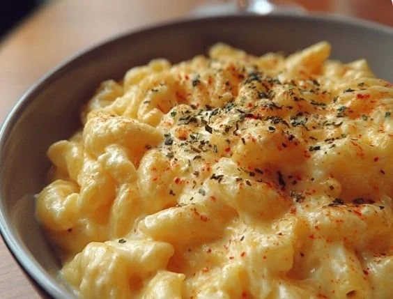 Bowl of creamy macaroni and cheese topped with breadcrumbs