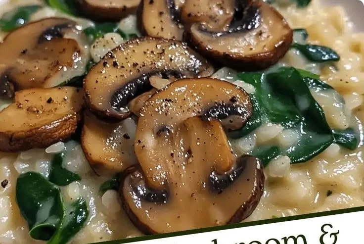 Creamy mushroom and spinach risotto served in a bowl