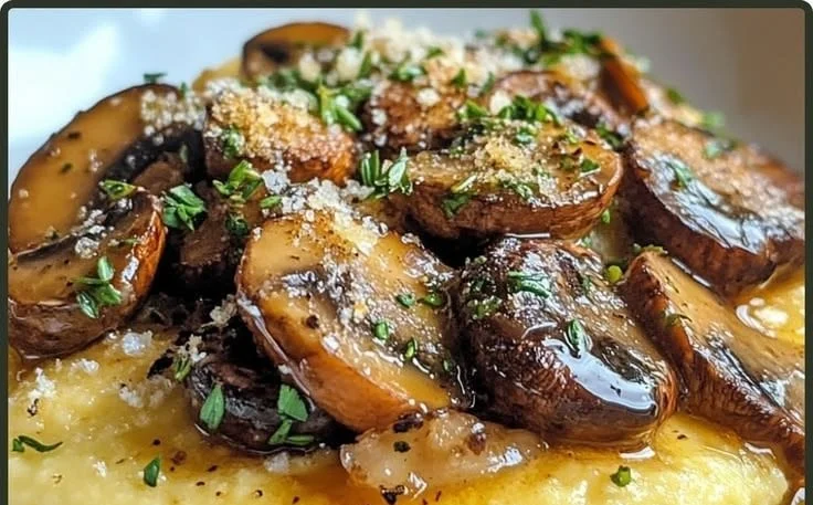 Creamy mushroom polenta with roasted garlic served in a bowl.