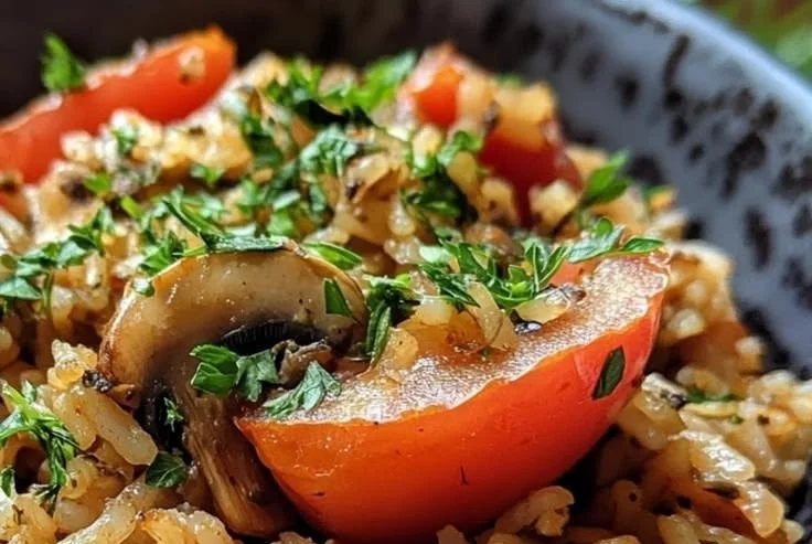 Creamy mushroom tomato herb rice garnished with fresh herbs