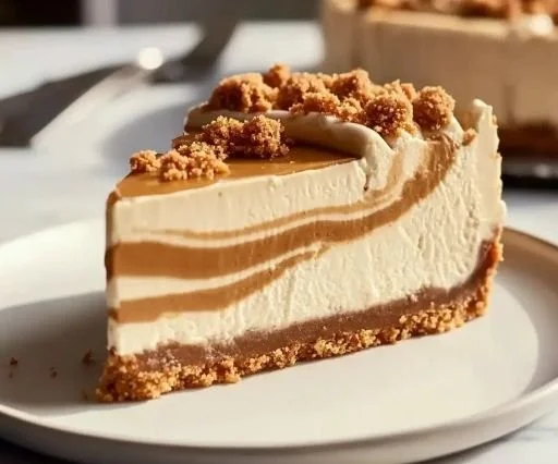 Creamy no bake Biscoff cheesecake topped with biscuit crumbs
