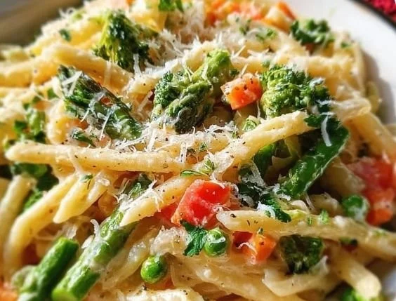 Creamy Pasta Primavera with Parmesan, featuring colorful vegetables and pasta