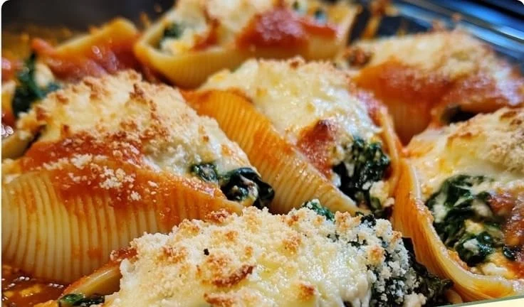 Creamy ricotta spinach stuffed shells served in a baking dish.