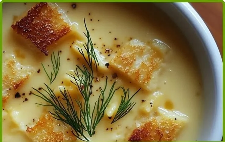 Creamy smoky fennel white cheddar soup served in a bowl with herbs garnish