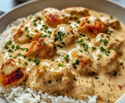 Creamy smothered chicken served over rice, a comforting dish.