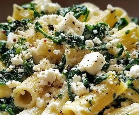 Delicious creamy spinach feta pasta served in a bowl with fresh herbs