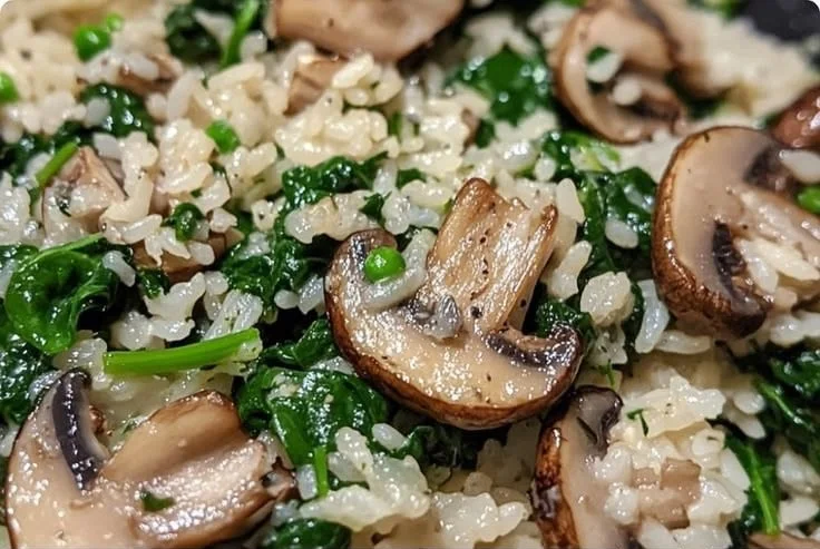 Creamy spinach mushroom rice dish garnished with herbs