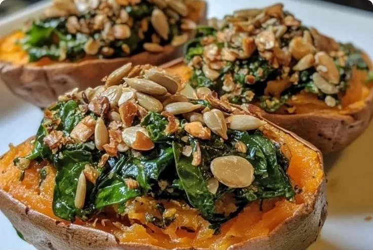 Creamy sunflower seed and spinach stuffed sweet potatoes on a plate