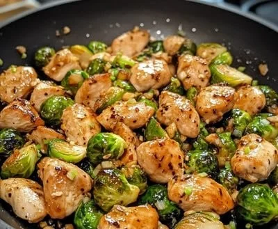 Honey garlic chicken skillet with Brussels sprouts for a quick meal