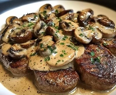 Creamy mushroom sauce served over a perfectly cooked steak.