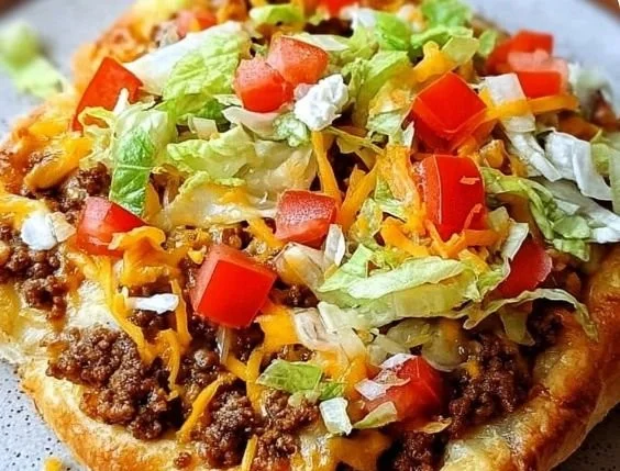 Crescent Roll Taco Pizza topped with cheese, lettuce, and taco ingredients