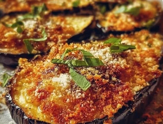 Crispy baked eggplant served on a plate with herbs and spices