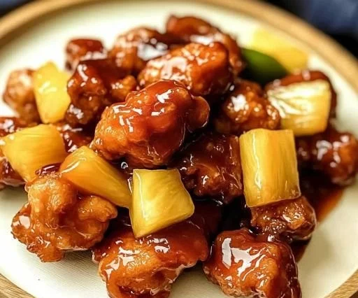 Crispy homemade sweet and sour chicken served with colorful vegetables