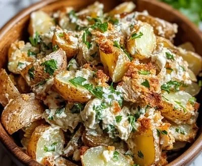 Crispy smashed potato salad served in a bowl with herbs and dressing
