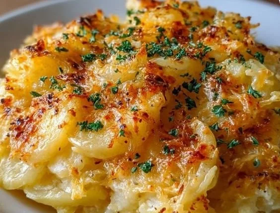 A delicious bowl of Crockpot Cheesy Potato Casserole with melted cheese and potatoes