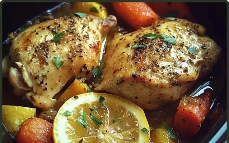 Crockpot Lemon Garlic Chicken with tender carrots served in a bowl