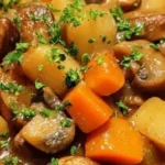 Crockpot mushroom stew with root vegetables in a bowl