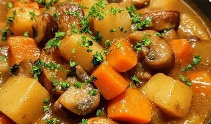 Crockpot mushroom stew with root vegetables in a bowl