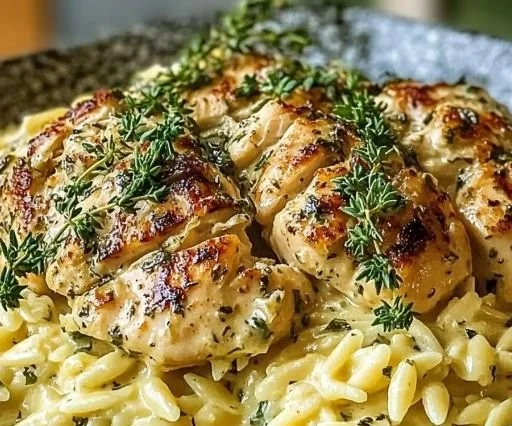 Crockpot Mustard Herb Chicken served with creamy orzo in a bowl