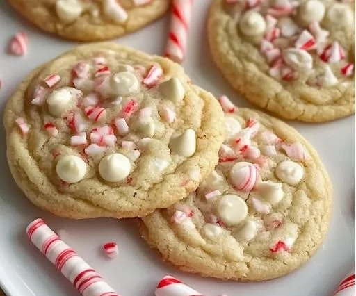 Decadent white chocolate peppermint cookies on a holiday platter