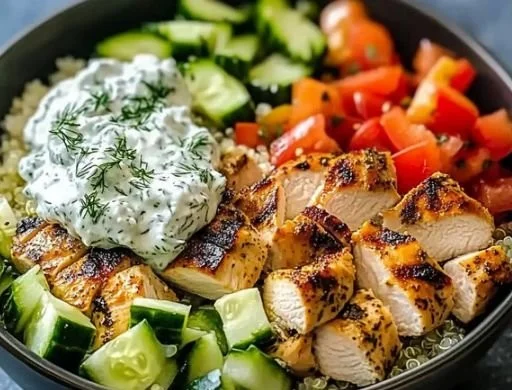 Healthy Chicken Tzatziki Bowl with fresh vegetables and sauce